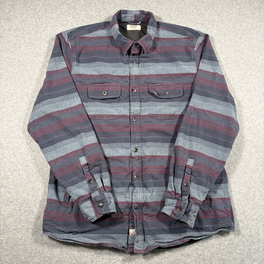 Marine Layer Signature Lined Camping Shirt Men Large Gray Maroon Striped Flannel